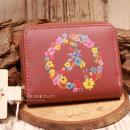 Kleiner Geldbeutel aus Kunstleder mit buntem Peace-Zeichen und Blumen sowie Reißverschluss.