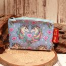 Kleiner blauer Geldbeutel aus Kunstleder mit grafischem Einhorn-Motiv und Reißverschluss.