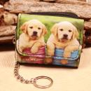 Kleiner Kindergeldbeutel mit zwei Golden Retriever Welpen Motiven, Schlüsselkette und blauem Kunstleder.
