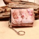 Kleiner bunter Kindergeldbeutel mit Fotodruck zwei spielender Katzen-Babys, Gliederkette und Schlüsselring.