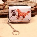 Bunter Mini-Geldbeutel mit Fotodruck galoppierender Pferde, silberner Gliederkette und Schlüsselring aus Kunstleder.
