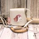Handtasche Kinder Einhorntasche Glitzer in Weiß mit rosa Glitzer-Einhorn Applikation und Magnetknopf-Verschluss.