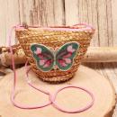 Kleine runde Korbtasche für Kinder aus naturfarbenem Rattan mit Schmetterlings-Motiv und Kordel-Trageband.