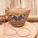 Kleine runde Korbtasche für Kinder aus naturfarbenem Rattan mit Schmetterlings-Motiv und Kordel-Trageband.