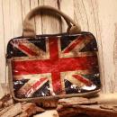 Grau-braune Tablet-Tasche aus Leder-PVC mit Amerika-Flaggen-Motiv, Reißverschluss und praktischen Tragegriffen.