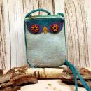 Kleine türkisfarbene Umhängetasche aus Filz mit süßem Eulengesicht und festem Filz-Schulterband für Kinder.