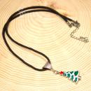 Halskette Weihnachtsbaum grün emailliert Segelseil schwarz, Modeschmuck handmade chic-peppig-bunt