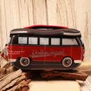 Roter VW Bus T1 Kulturbetutel aus Neopren mit Surfbrett-Tragegriff und Mini-Bus Reißverschlüssen.