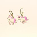 Kleine versilberte Einhorn-Ohrringe für Kinder, weiß und pink emailliert, mit sicherer Klappbrisur von chic-peppig-bunt.