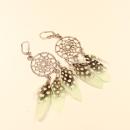 Lange silberne Traumfänger-Ohrringe mit grün-schwarzen Punkt-Federn und versilberter Klappbrisur für Damen.