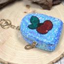 Glitzer Schlüsselanhänger Mäppchen Blau Motiv Kirschen 10x6x4 cm Utensilientasche Reißverschluss
