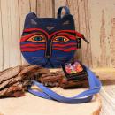Blaue Laurel Burch Umhängetasche aus Stoff in Katzenkopf-Form mit Reißverschluss und langem Schulterband.