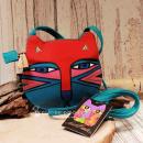 Grüne Laurel Burch Umhängetasche aus Stoff in Katzenkopf-Form mit Reißverschluss und langem Schulterband.