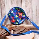 Runde blaue Kindertasche mit buntem Schmetterling-Motiv, Reißverschluss und längenverstellbarem Schultergurt.