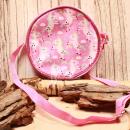 Runde rosa Kindertasche mit niedlichem Einhorn-Motiv, sicherem Reißverschluss und verstellbarem Schultergurt.