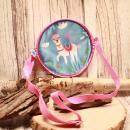 Runde rosa Kindertasche mit niedlichem Lama-Alpaka-Motiv, sicherem Reißverschluss und verstellbarem Schultergurt.