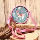Runde rosa Kindertasche mit niedlichem Lama-Alpaka-Motiv, sicherem Reißverschluss und verstellbarem Schultergurt.
