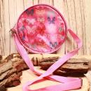 Runde rosa Kindertasche mit bunten Schmetterlingen, Reißverschluss und längenverstellbarem Schultergurt.