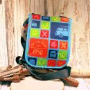 Bunte VW T1 Neopren-Schultertasche mit Bulli-Motiv, großem Klettverschluss und breitem verstellbarem Schultergurt.